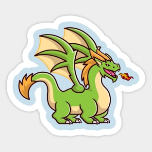 Cute Adult Green Dragon Spitting Fire Cartoon Sticker